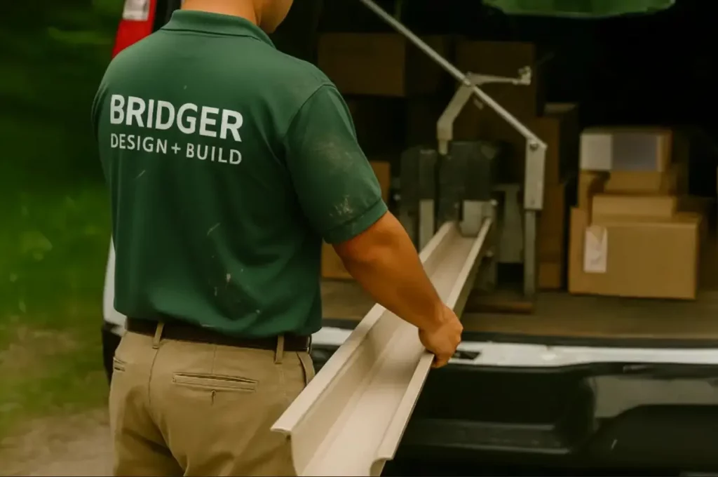 Bridger Design + Build technician preparing gutter installation materials