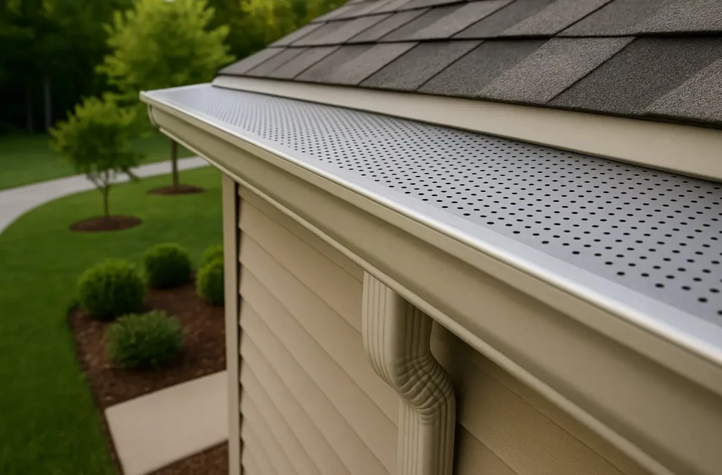 Gutter system with leaf guard installed on roofline